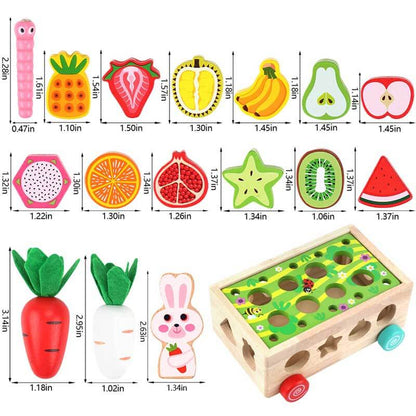 Overhead view of a toddler wooden farm animals activity set, displaying all pieces and board.