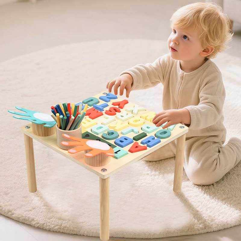 Children's wooden activity table with colorful blocks for early math and alphabet learning.
