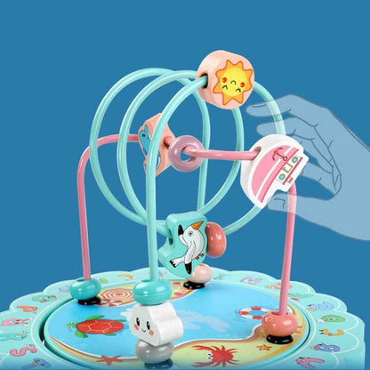 Close-up of a child's hands interacting with knobs on wooden developmental toy for kids
