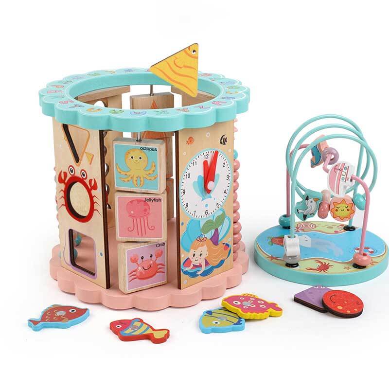 Brightly colored wooden learning toy center, ideal for baby & toddler educational play activities
