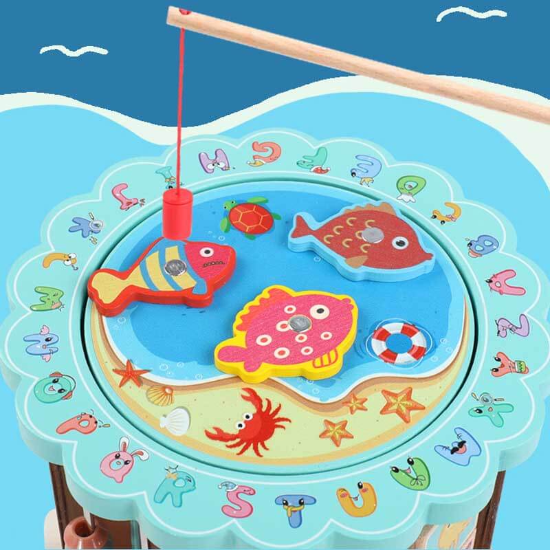 Multi-functional wooden toy center standing alone, showcasing various learning features for preschoolers