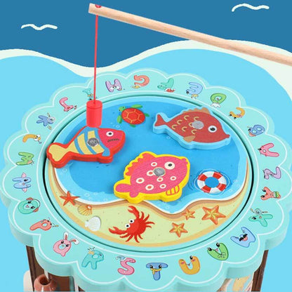 Multi-functional wooden toy center standing alone, showcasing various learning features for preschoolers