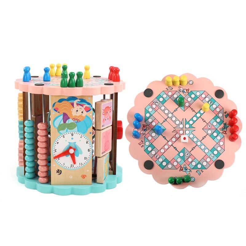 Overhead shot of a wooden activity center with different sections for toddler developmental learning