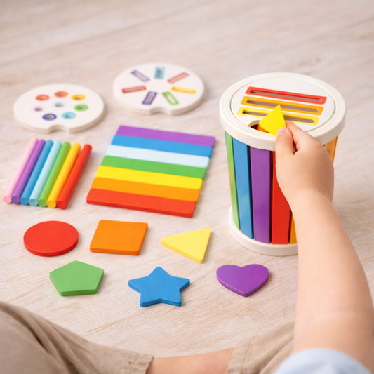 Toddler playing with wooden Montessori color sorting toy, matching shapes and developing fine motor skills.