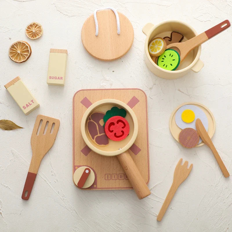 Toddler playing with wooden pretend play kitchen set, fostering imagination and learning