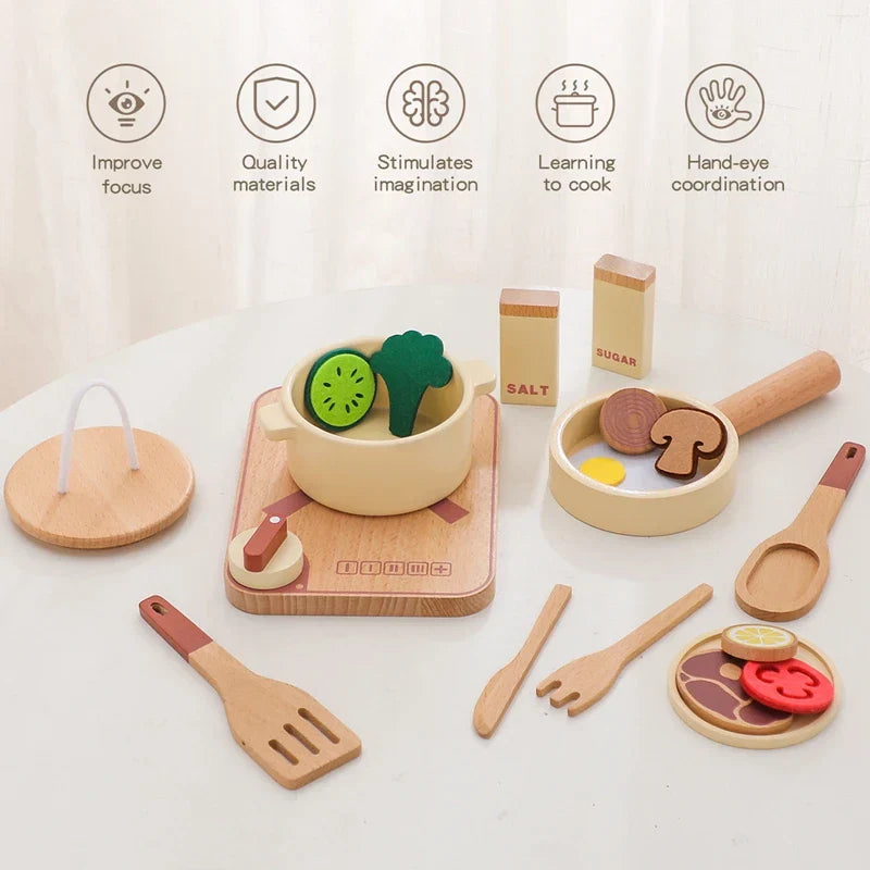 Close-up of a kids wooden play kitchen set with oven, sink, and stovetop, educational toy