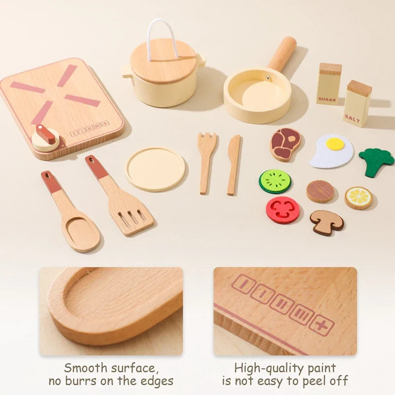 Children's wooden pretend play kitchen set in a playroom, perfect for imaginative role-play