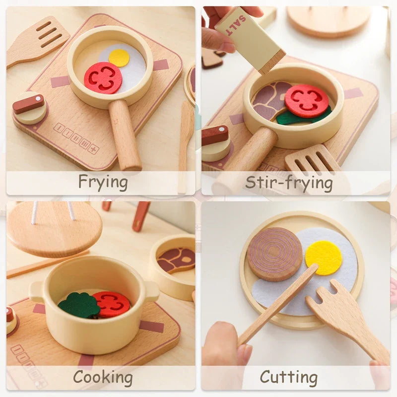 Detailed view of wooden play kitchen set accessories: pots, pans, and utensils for kids