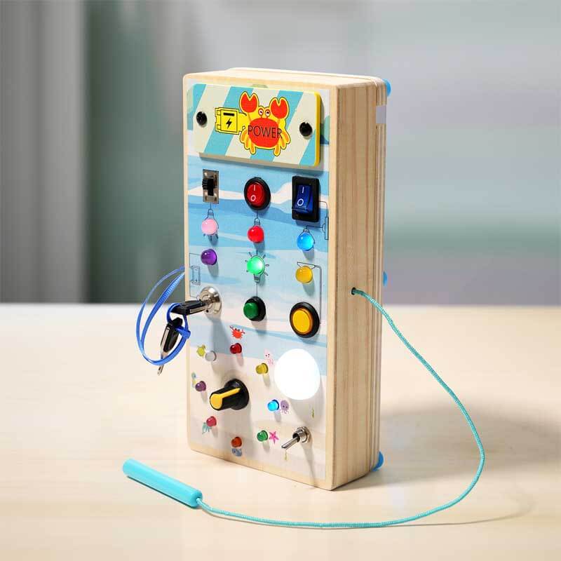 Toddler playing with wooden sensory switch board, enhancing motor skills and learning