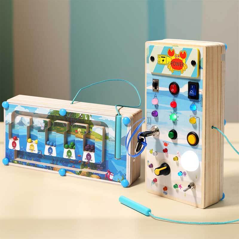 Close-up of children's wooden sensory board switches, engaging problem-solving skills