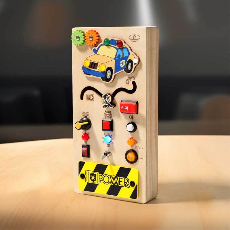 Vibrant wooden sensory board with different switches, perfect for learning activities