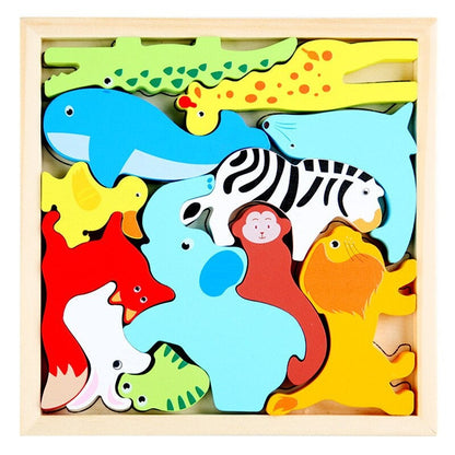 Smiling child playing happily with a wooden shape matching puzzle, an engaging educational activity.