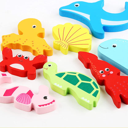 Kids wooden puzzle featuring various geometric shapes, enhancing child's cognitive & fine motor skills.