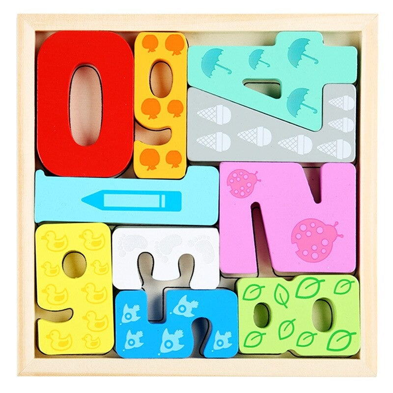 Wooden shape matching puzzle with bright, non-toxic colors, ideal for safe toddler play & learning.