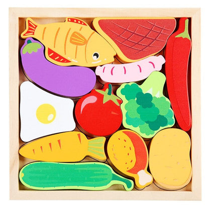 Overhead view of a complete wooden shape matching puzzle, ready for toddler learning & play.