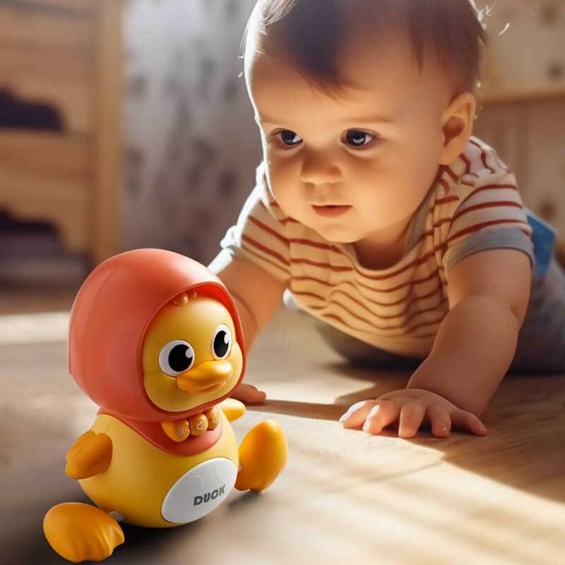 Toddler playing with yellow interactive waddling duck toy, encouraging sensory development.