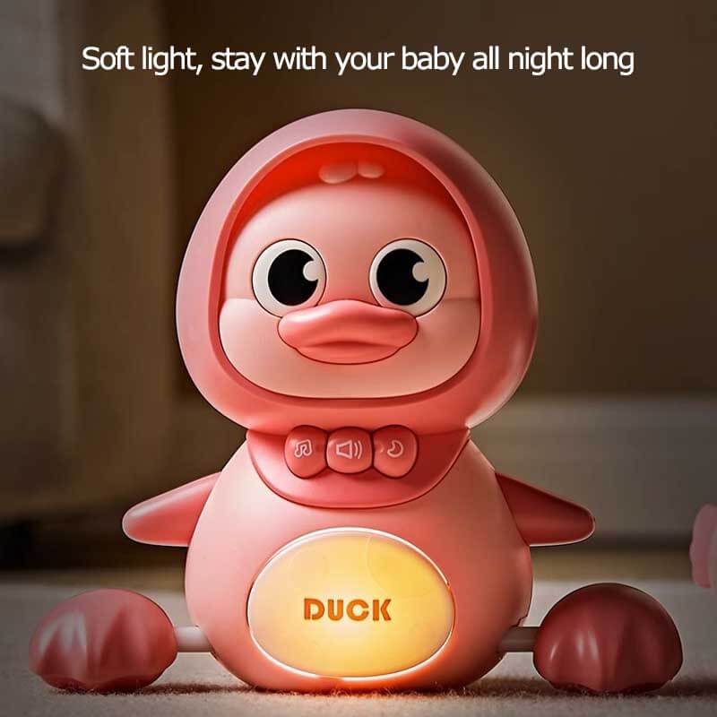 Bright yellow interactive duck toy with swinging action, a playful educational toy for toddlers.