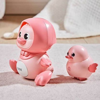 Interactive duck toy in motion, demonstrating its waddling and swinging features for young children.