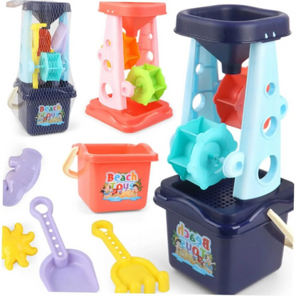 Toddler playing with yellow outdoor sand & water play wheel set, a fun summer sensory toy