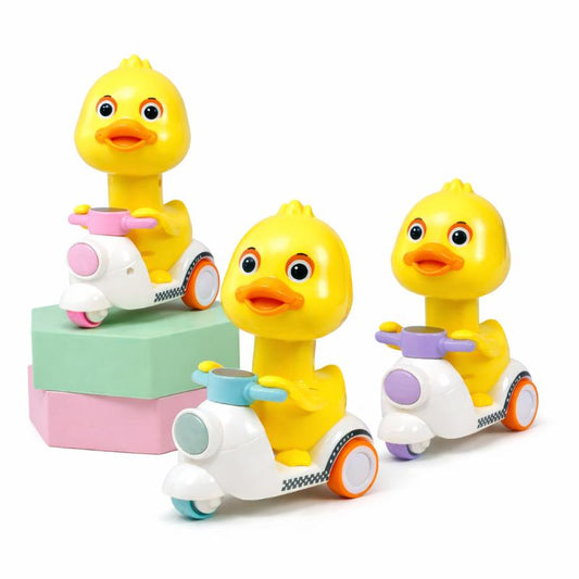 Toddler playing with yellow Press-and-Go BumperDuck Toy Car, developing motor skills