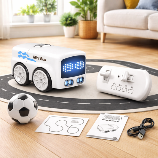 Toddler playing with yellow RC line tracking interactive kids smart route bus toy