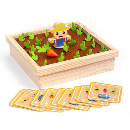 Toddler playing wooden carrot harvest game, developing motor skills with educational garden toy.