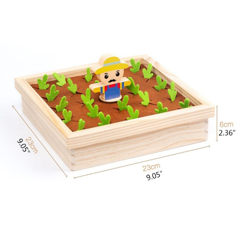 Wooden carrot harvest game for toddlers, sorting and stacking toy with colorful vegetables.