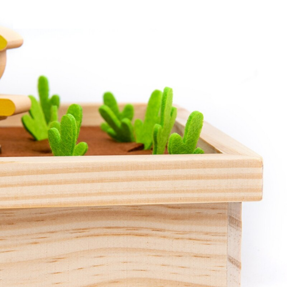 Preschooler engaging with a non-toxic wooden carrot sorting game, enhancing cognitive skills.