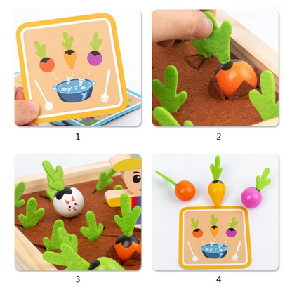 Educational wooden garden toy; toddler pulling colorful carrots from a base, improving coordination.
