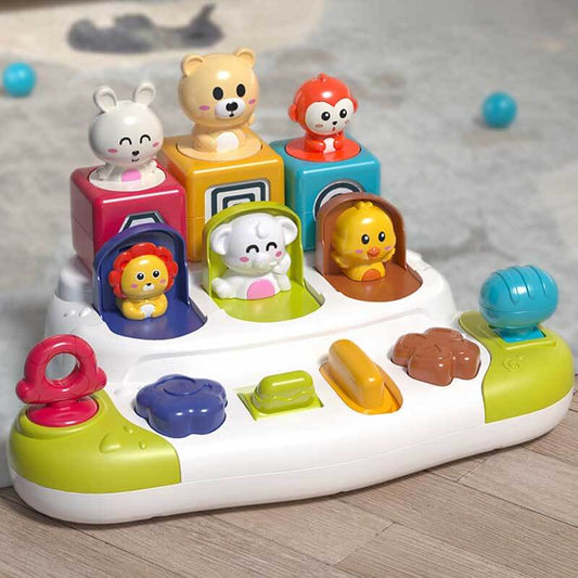 Toddler Pop-Up Animal Cause and Effect Toy with colorful buttons and hidden animals, promoting early learning.