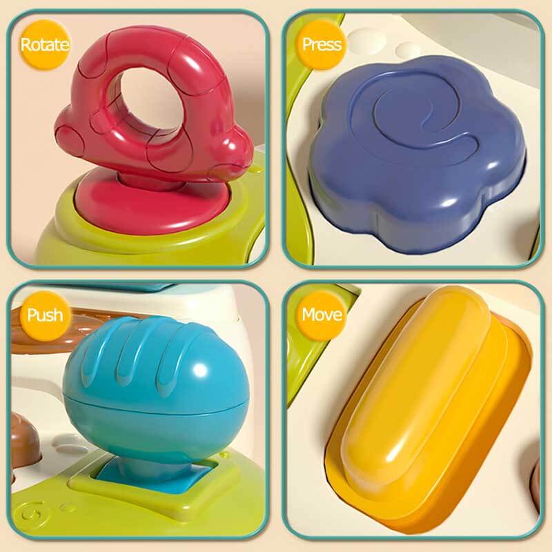 Educational pop-up animal toy for toddlers, demonstrating cause and effect with bright colors and friendly creatures.