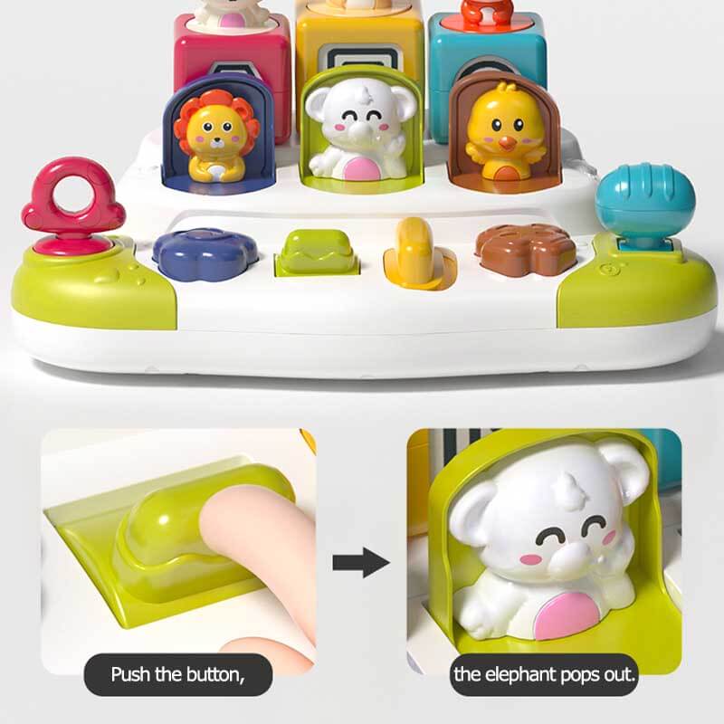 Activity toy with pop-up animals, designed for toddlers to learn cause and effect and develop fine motor skills.