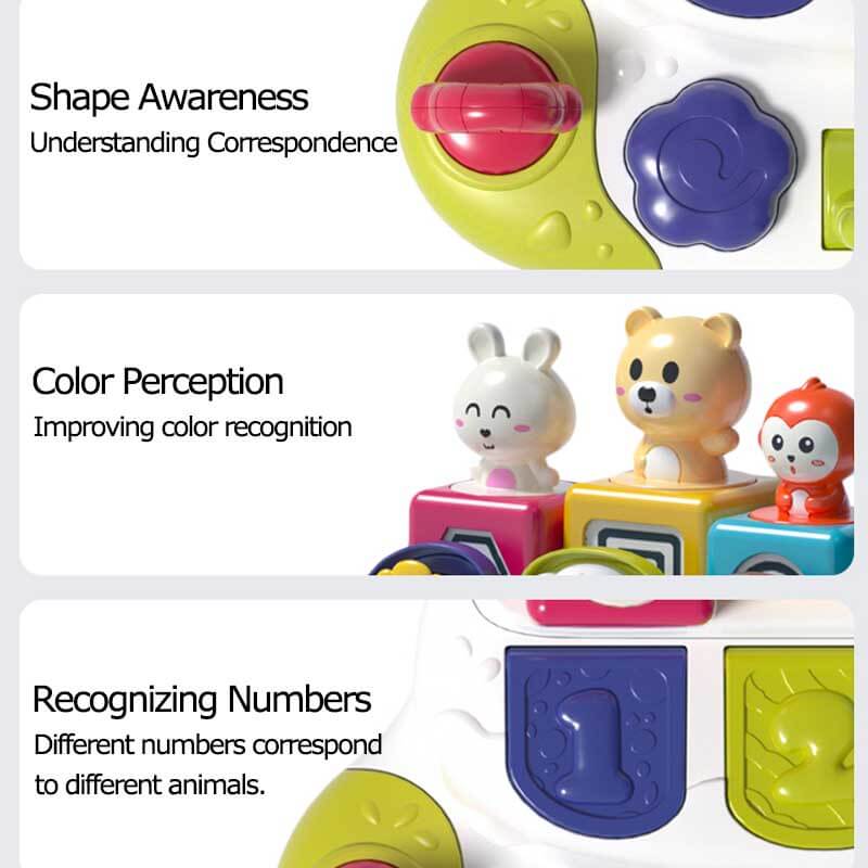 Vibrant animal pop-up toy, an engaging cause and effect activity for early learning and developmental play.