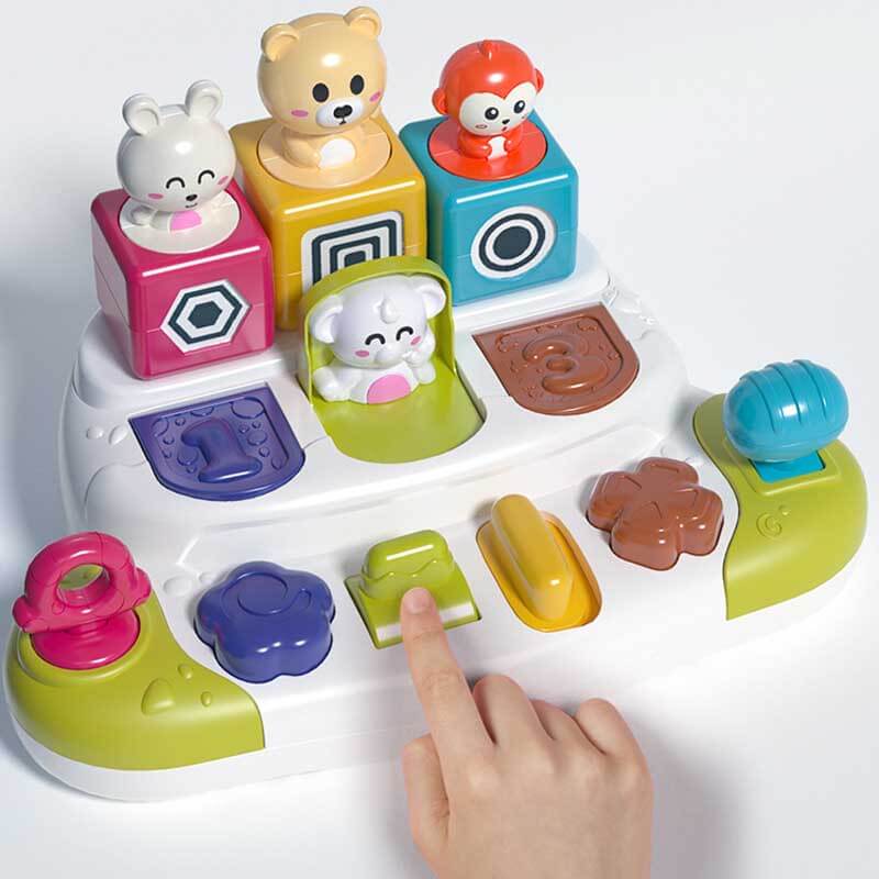 Toddler gift: interactive pop-up animal toy teaching cause and effect, perfect for educational and fun play.