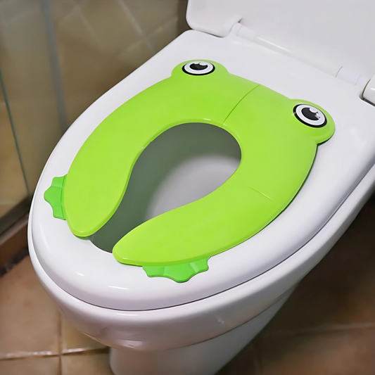 Toddler portable foldable frog potty training seat, compact for travel, with non-slip base for child safety.