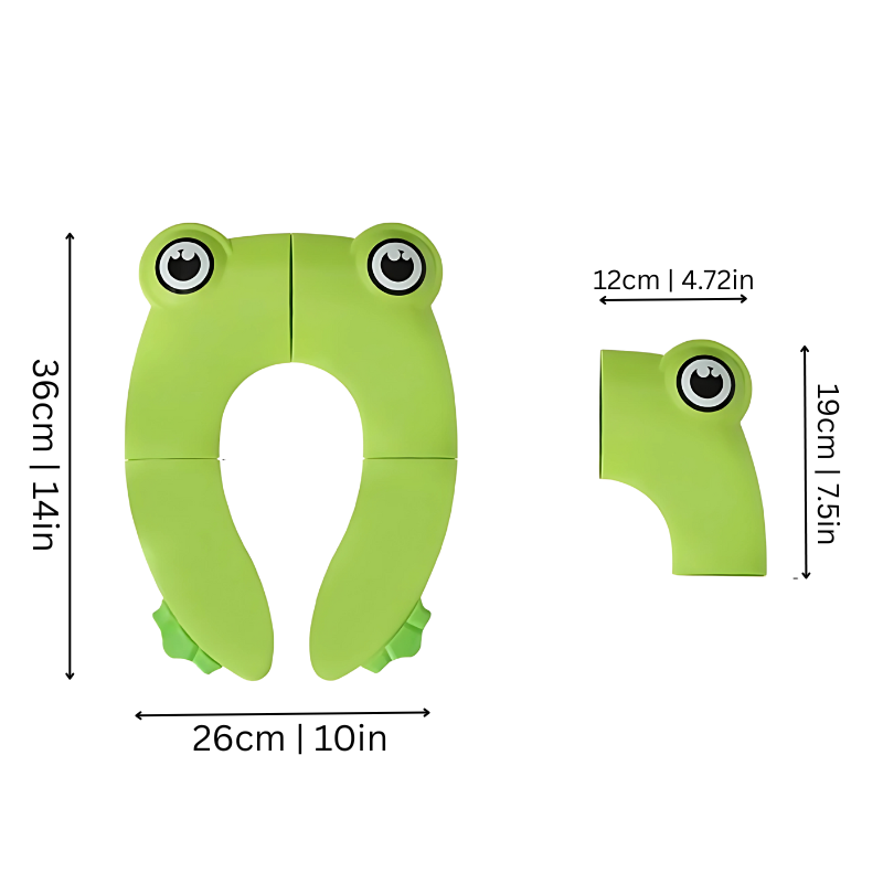 Hygienic green frog potty training seat, foldable and portable, perfect for toddlers and travel.