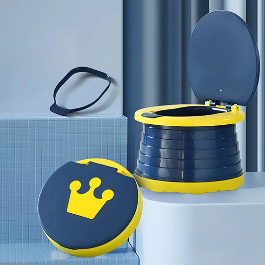 Toddler portable foldable travel potty in blue, compact & ready for outdoor use or childcare travel.