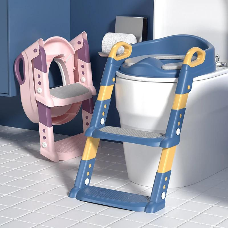Toddler portable potty training seat with steps in blue, helping kids gain independence, foldable design.