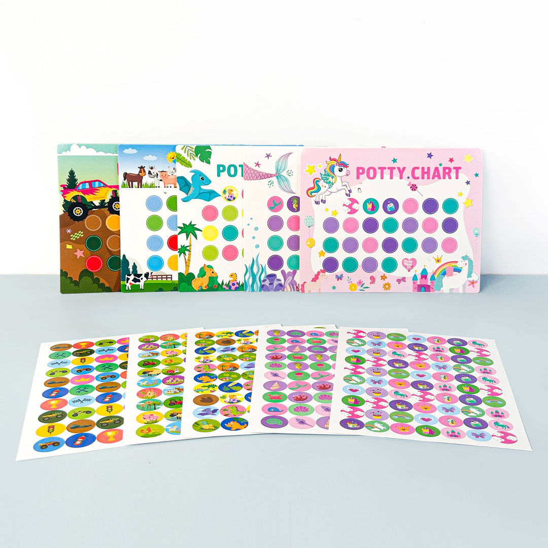 Toddler potty training reward chart with colorful stickers, encouraging bathroom habits.