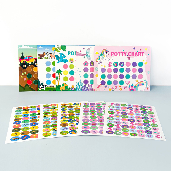Toddler potty training reward chart with colorful stickers, encouraging bathroom habits.