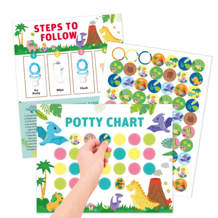Children's playful potty training chart, featuring fun illustrations and star stickers.