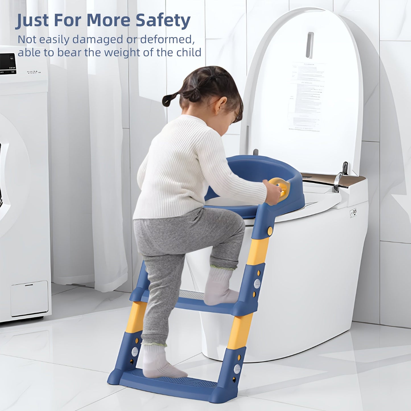 Foldable potty training seat with integrated step stool and soft cushion for toddlers, blue color