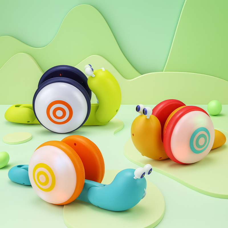 Toddler pulling a musical light-up snail toy with a string, illustrating early development and walking aid.