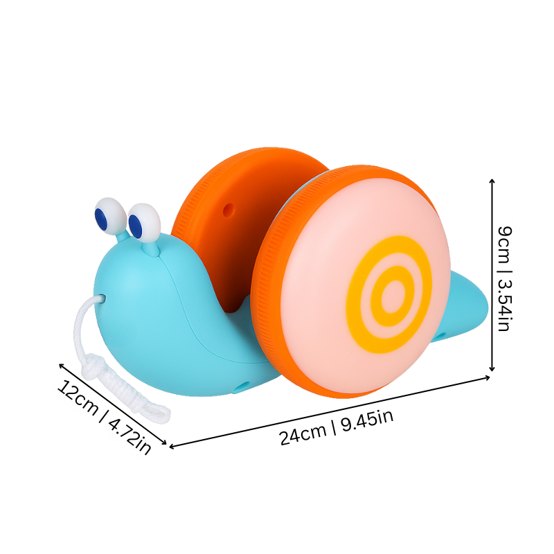 Close-up of a colorful pull-along snail toy with flashing lights and musical notes, highlighting sensory play.