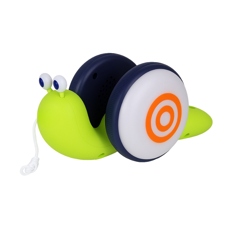 Happy toddler playing with an interactive musical snail toy, suitable for educational learning and fun activity.
