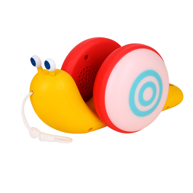 Front view of the light-up pull-along snail toy, showcasing its cheerful design and toddler-friendly features.
