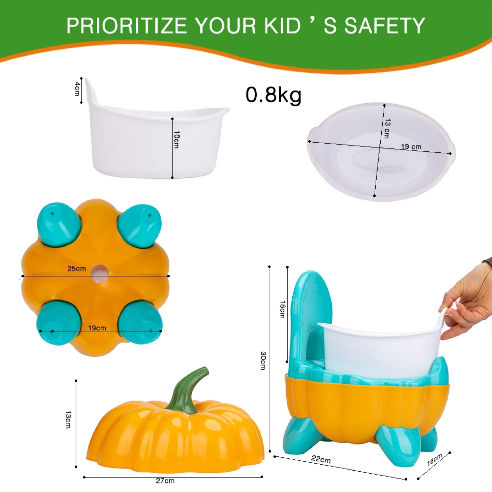 Portable pumpkin-shaped kids potty with non-slip base, easy to clean, comfort back support