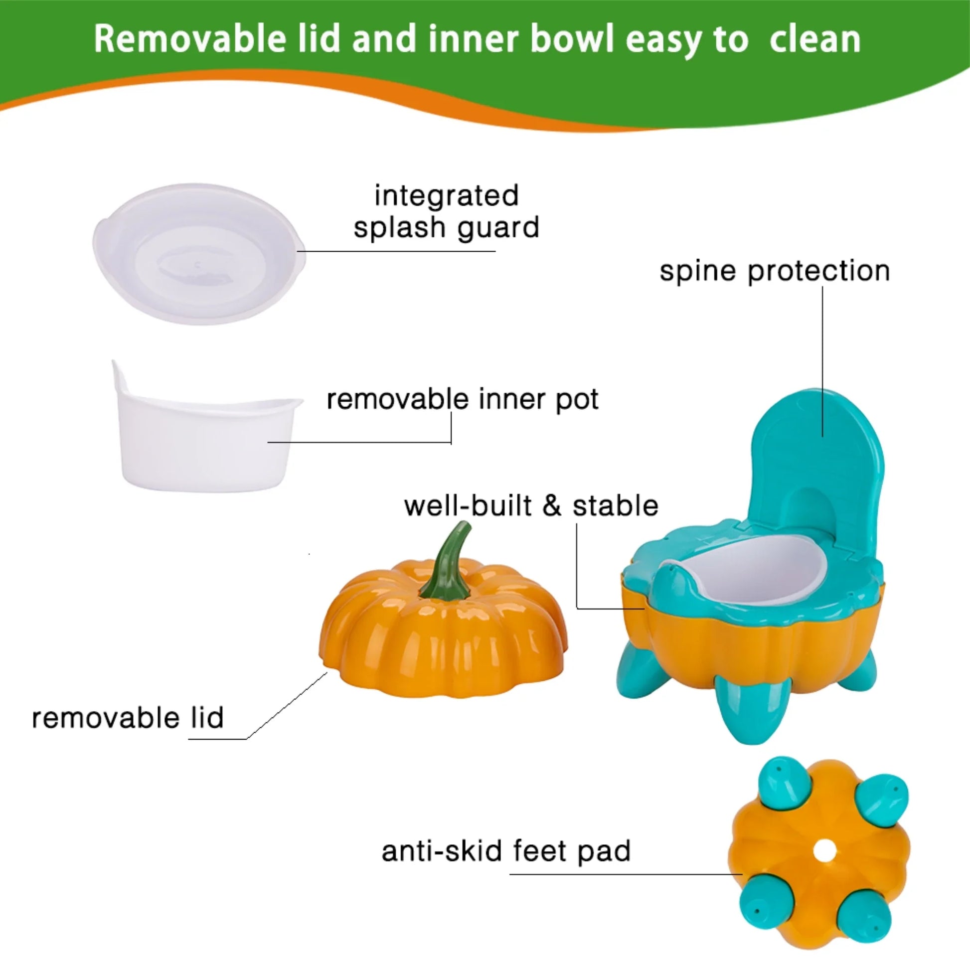 Close-up of a Toddler Pumpkin Potty, showing comfortable contoured seat and stable feet