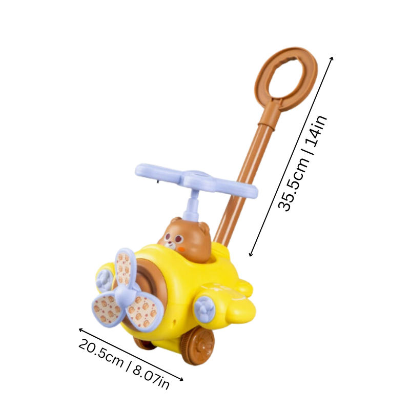 Kids airplane push toy featuring a spinning propeller, vibrant lights, and engaging music for toddlers.