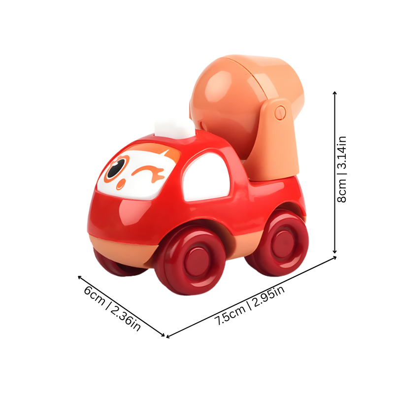 Set of colorful push-and-go toy trucks, various construction designs, perfect for toddler play.